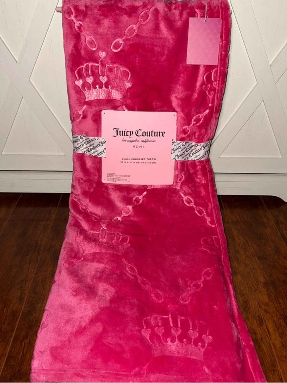 Juicy Couture Hot Pink Crown Embossed Plush Throw Blanket